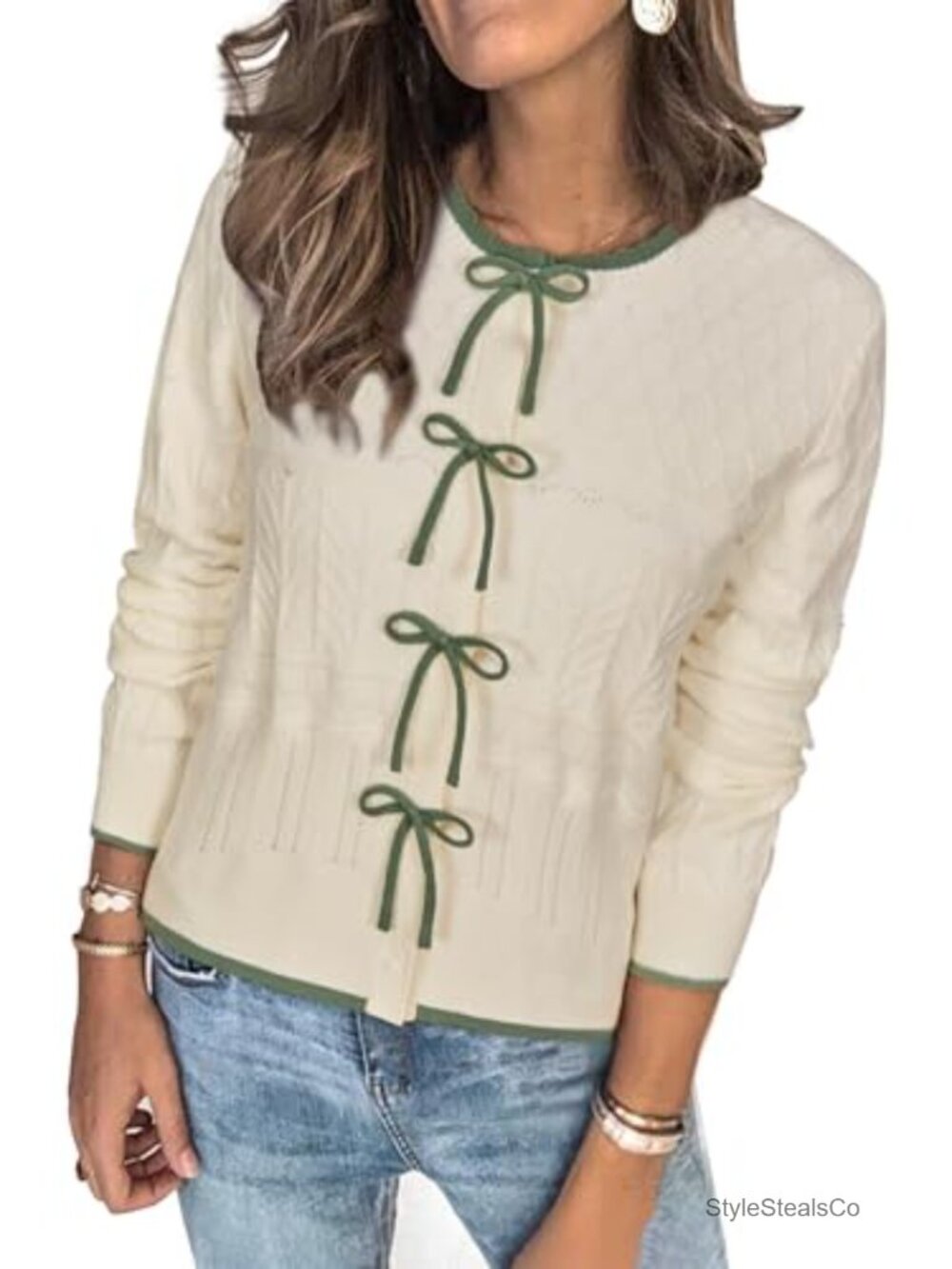 Bow Cardigan Sweater Color Block Lace Crew Neck Button Casual Knit